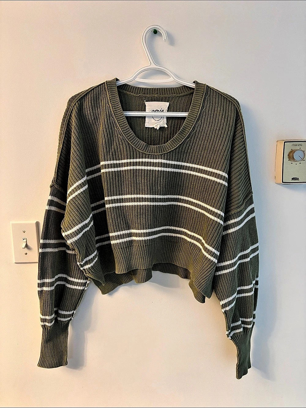 aerie Striped Cropped Sweater in Green & White Size Small Like New